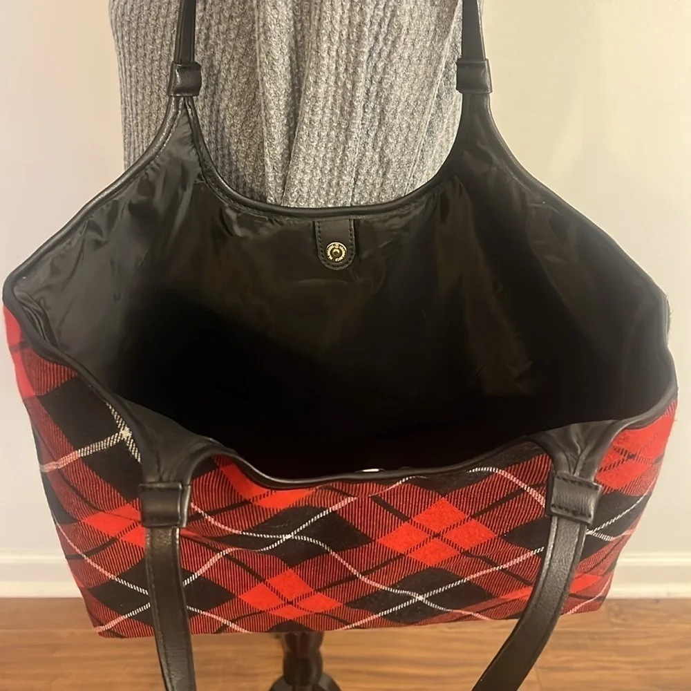 Victoria's Secret Plaid Flannel Red and Black Tote with Large Embroidered Logo - Picture 5 of 8